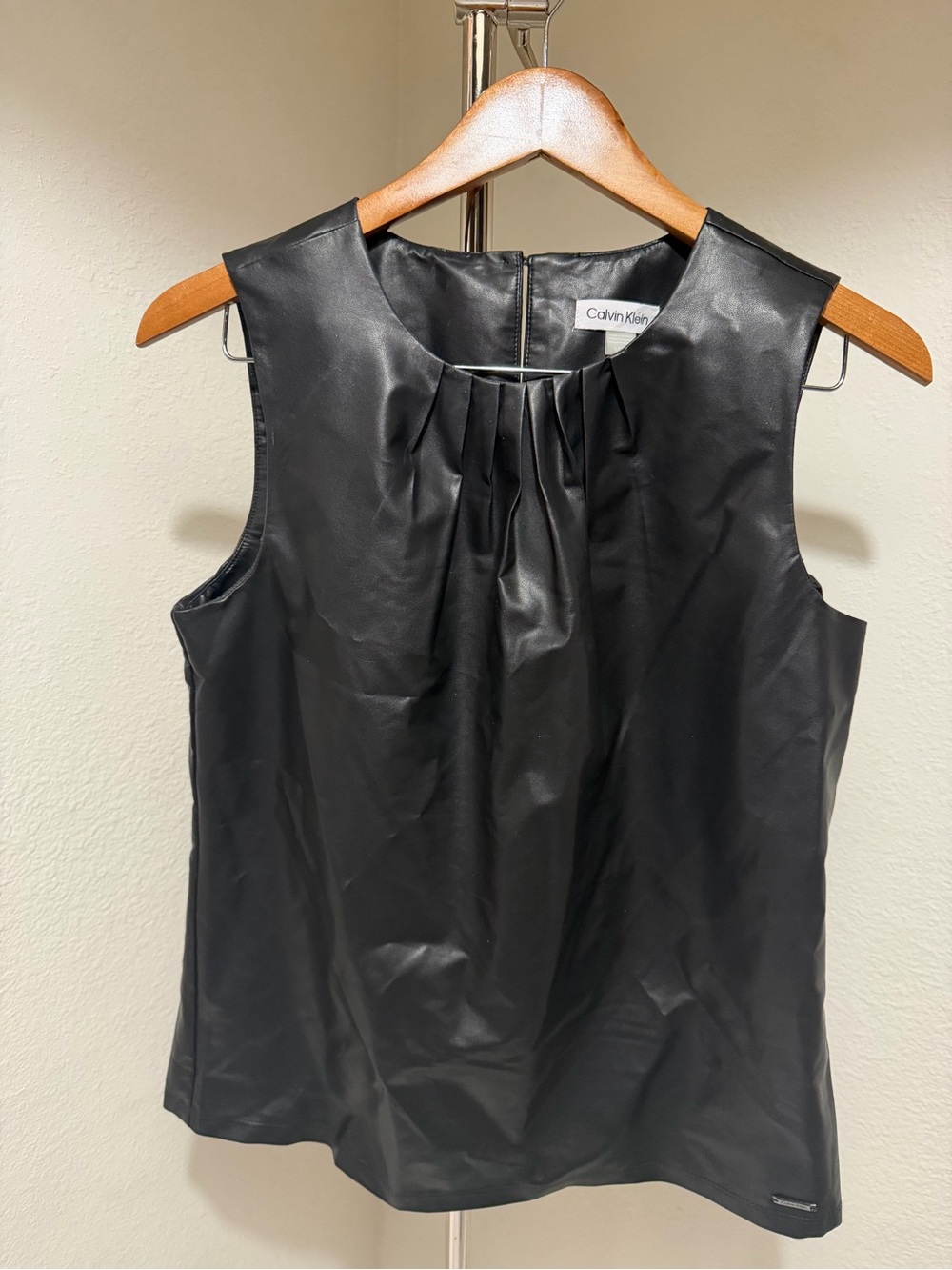 Calvin Klein Black Faux Leather Pleated Neck Sleeveless Top